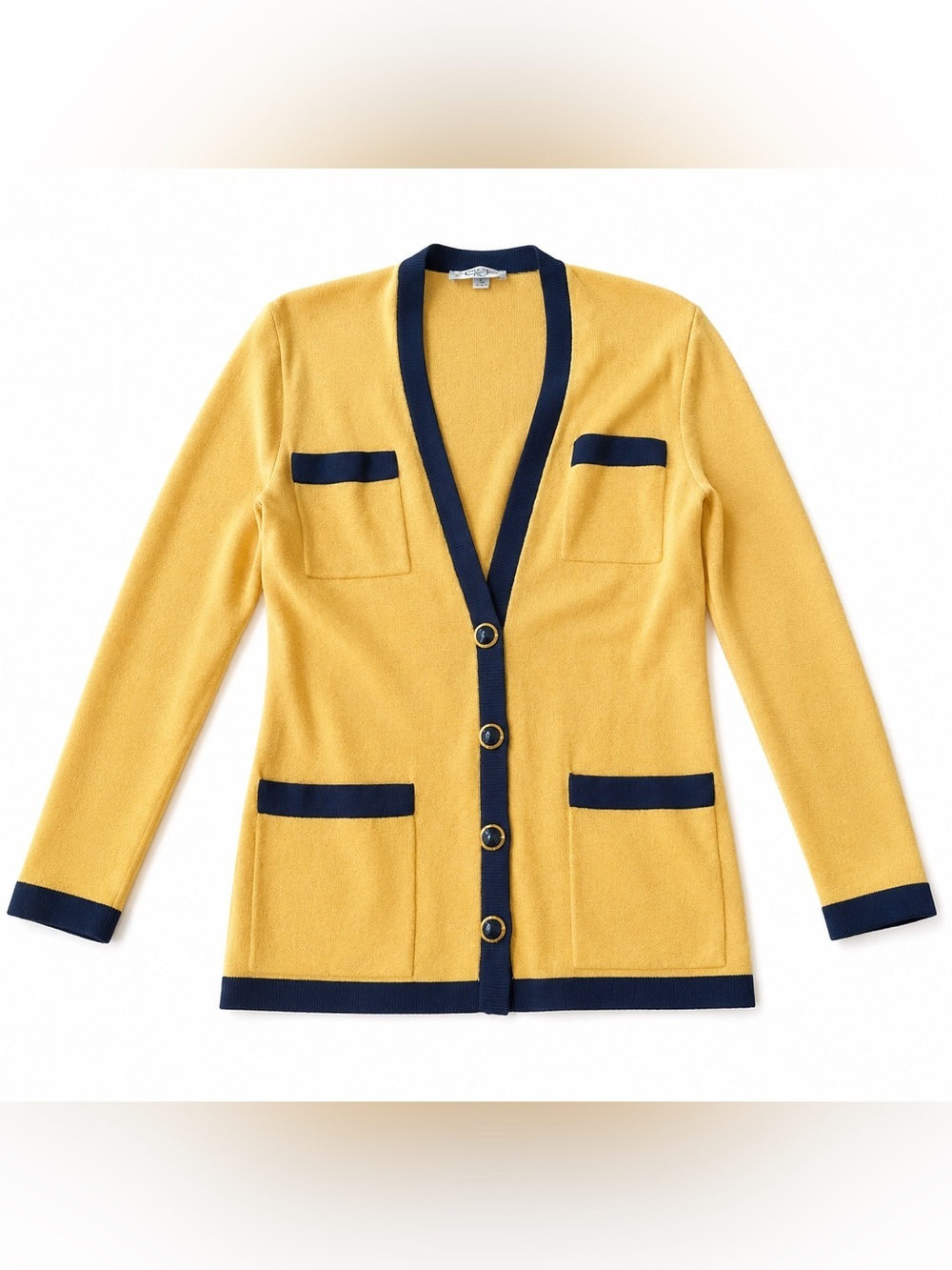 St. John by Marie Gray Vibrant Yellow & Navy Knit Cardigan Sweater Size 4 USA